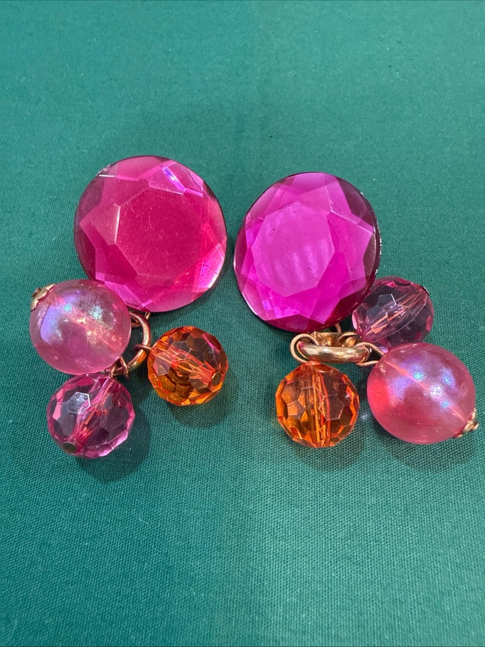 Pink & Orange Dangle Earring W/ Large Faceted Hot Pink Top &3Hanging Beads. 101D